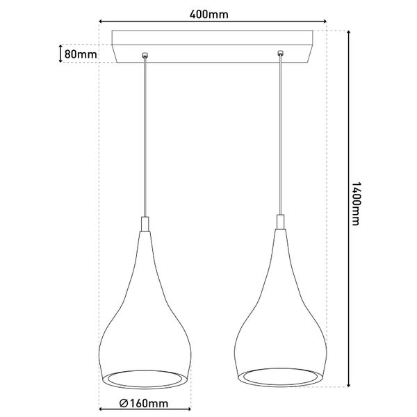 Technische Zeichnung einer Pendelleuchte mit zwei Lampen und den Maßen 400 mm Breite, 80 mm Höhe, 1400 mm Länge und 160 mm Durchmesser.