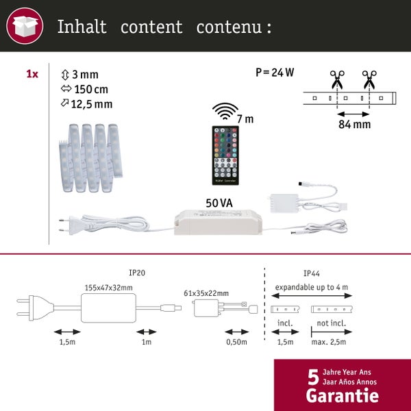 LED Streifen Set mit 250 Zentimeter Länge, 10 Millimeter Breite, 15 Watt Leistung und 5 Jahre Garantie.