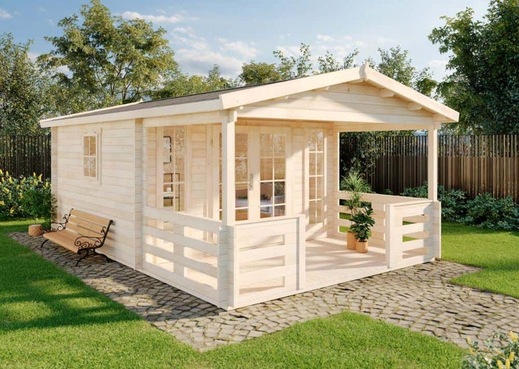 Alpholz Gartenhaus Lappland-40 A Gartenhaus aus Holz in natur, Holzhaus mit 40 mm Wandstärke inklusive Terrasse, Blockbohlenhaus mit Montagematerial imprägniert 4x5,9m