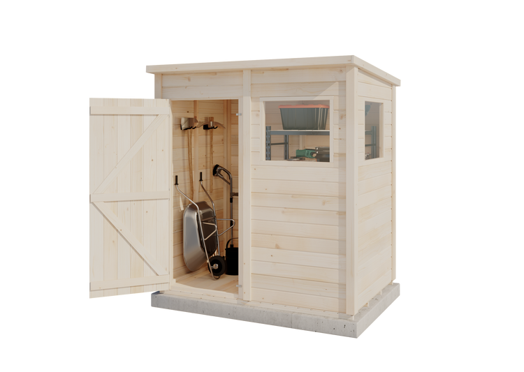 Gartenhaus aus Holz mit offener Tür, Stauraum für Schubkarre und Werkzeug, zwei Fenstern und Flachdach.