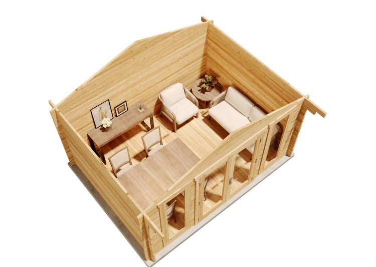 Isometrische Ansicht der Inneneinrichtung eines Gartenhauses aus Holz mit Essbereich, Sofa, Sessel und Beistelltisch.