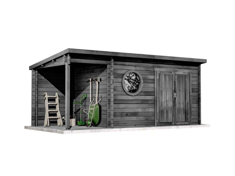 Gartenhaus mit Fenster, Tür, Leiter, Schubkarre und Gartengeräten