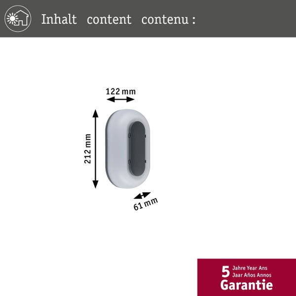 Wandleuchte mit Abmessungen: Höhe 212 Millimeter, Breite 122 Millimeter und Tiefe 61 Millimeter. Mit Hinweis auf fünf Jahre Garantie.