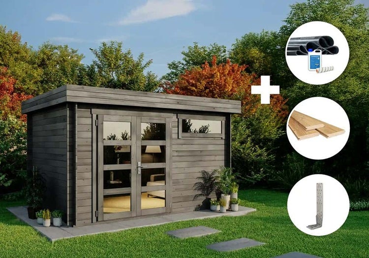 Graues Gartenhaus aus Holz mit Flachdach, inklusive EPDM-Dachfolienset, Fußbodendielen und Metall-Montagewinkel.