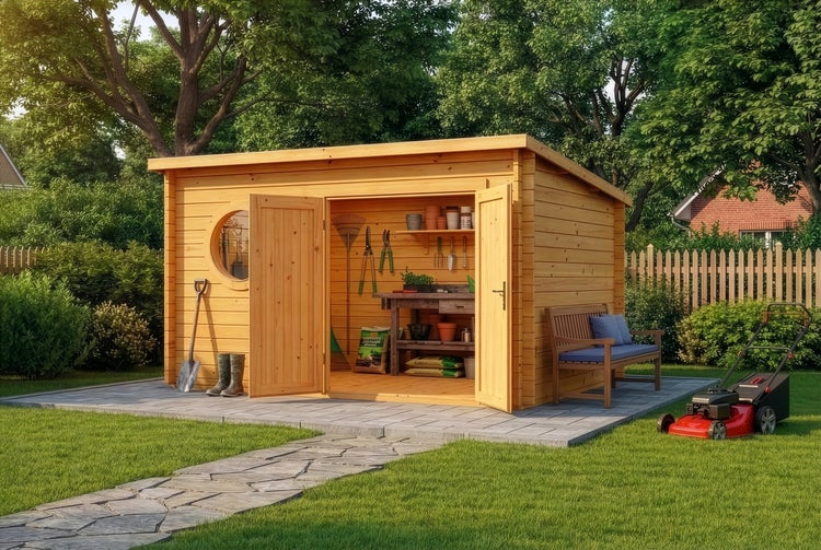 Holz-Gartenhaus mit Rundfenster und Doppeltür, Werkbank im Inneren, Holzbank und Rasenmäher auf Rasenfläche in einer hellen Gartenanlage.