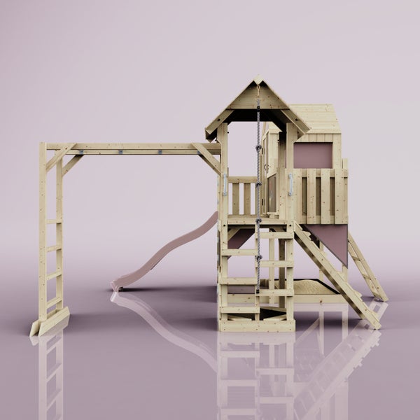 Spielturm aus Holz mit Rutsche und Klettergerüst für den Außenbereich