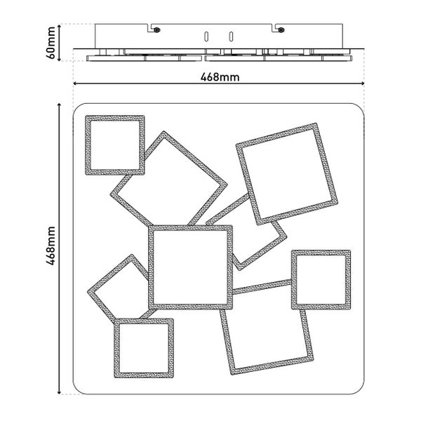 Technische Zeichnung einer Deckenleuchte mit quadratischen Rahmen und den Maßen 468 mm x 468 mm x 60 mm.