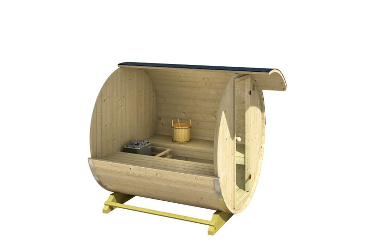 FinnTherm Fass-Sauna Tom Fasssauna 2 Sitzbänke aus Holz, Sauna mit 40 mm Wandstärke, Außensauna mit Montagematerial, Naturbelassen