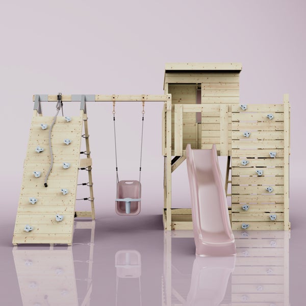 Spielturm aus Holz mit Rutsche, Babyschaukel und Kletterwand.