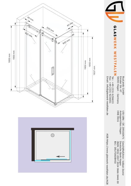 Technische Zeichnung einer Duschkabine mit Maßangaben