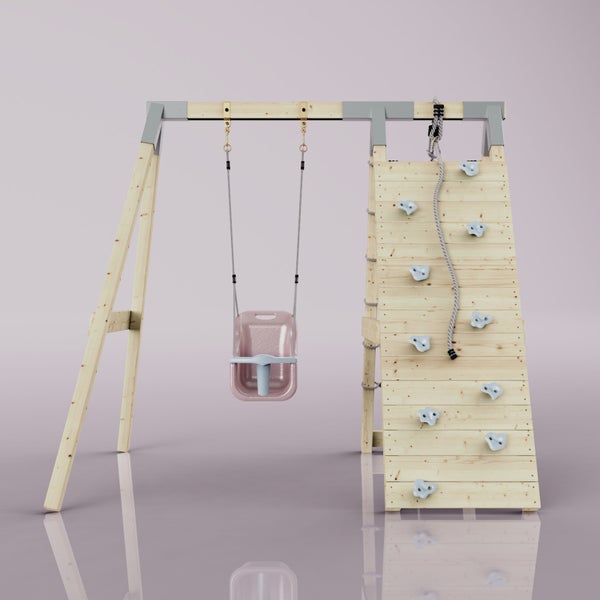 Klettergerüst aus Holz in A-Form mit Babyschaukel, Kletterwand und Strickleiter.