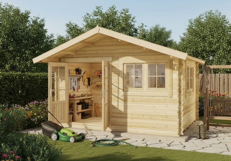Garten mit Gerätehaus aus Holz, Rasenmäher und Werkzeug