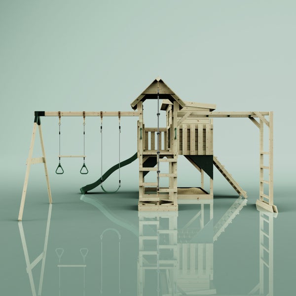 Spielturm aus Holz mit Schaukel, Rutsche und Klettergerüst für den Garten