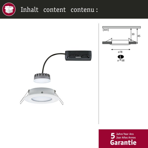 LED Einbauleuchte mit Anschlussbox inklusive Maßzeichnung und Hinweis auf 5 Jahre Garantie.