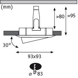Technische Zeichnung mit Einbaumaßen für einen Deckeneinbaustrahler mit 93 mal 93 Millimeter Abdeckung und 83 Millimeter Lochdurchmesser.