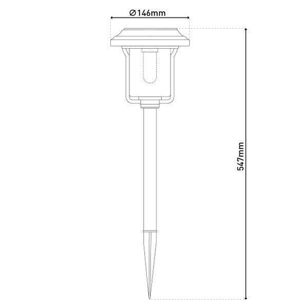 Technische Zeichnung einer Gartenleuchte mit Erdspieß und den Maßen 146 mm Durchmesser und 547 mm Höhe.