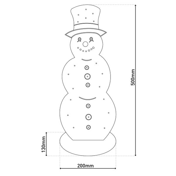 Umriss eines Schneemanns mit den Maßen 500 mm Höhe, 200 mm Breite und 130 mm Sockelhöhe