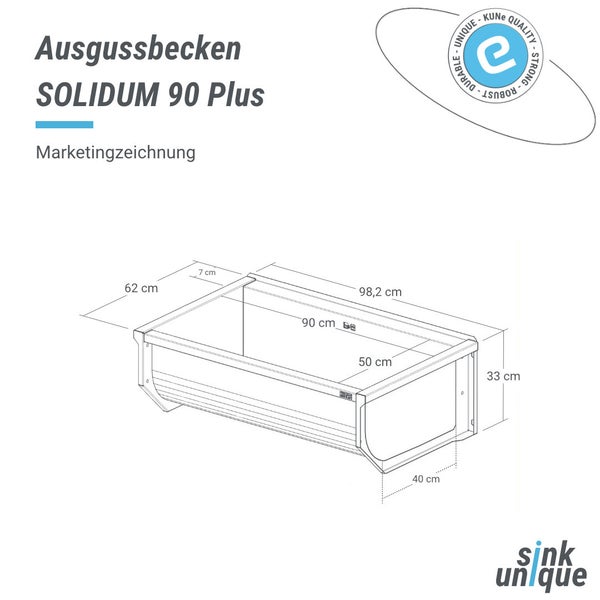Marketingzeichnung für Ausgussbecken SOLIDUM 90 Plus mit Maßen: 98,2 Zentimeter Breite und 62 Zentimeter Tiefe. Robust und langlebig. sink unique Logo.