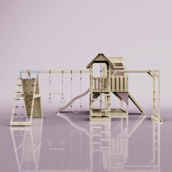 Spielturm aus Holz mit Rutsche, Schaukel und Kletterwand für den Garten