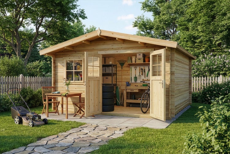 Garten mit Gerätehaus aus Holz, Rasenmäher, Tisch und Stühlen.