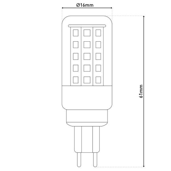 Abbildung einer G4 LED Leuchte mit den Maßen 16 mm Durchmesser und 61 mm Länge.