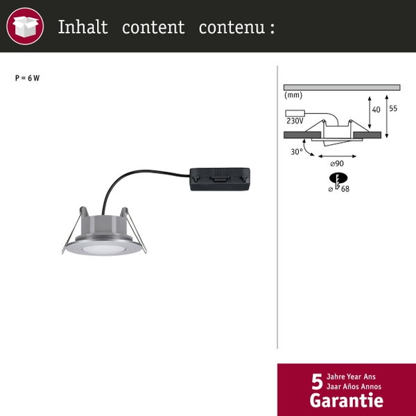 LED Einbaustrahler mit 6 Watt Leistung inklusive technischer Zeichnung der Einbaumaße und fünf Jahren Garantie