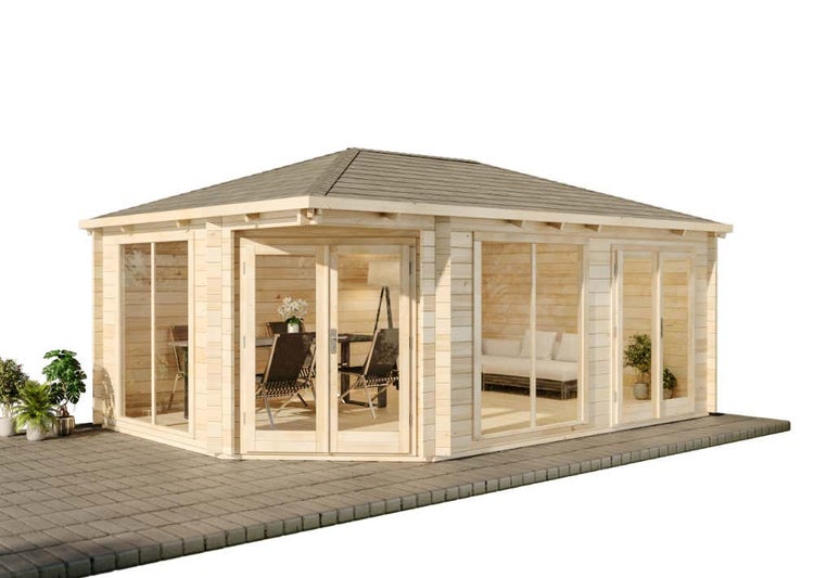 Alpholz 5-Eck Gartenhaus Julia-40 ISO Gartenhaus aus Holz, Holzhaus mit 40 mm Wandstärke, Blockbohlenhaus mit Montagematerial, Naturbelassen 5,9x4m