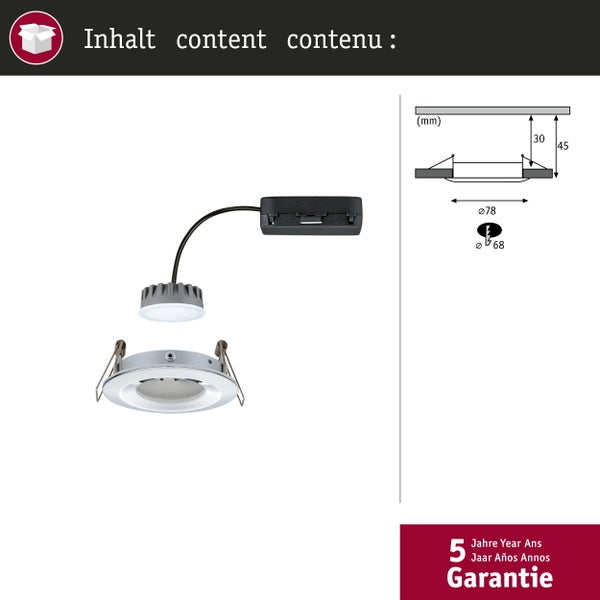 LED Einbaustrahler mit technischer Zeichnung und Bemaßung, Einbaudurchmesser 68 Millimeter, inklusive 5 Jahre Garantie.