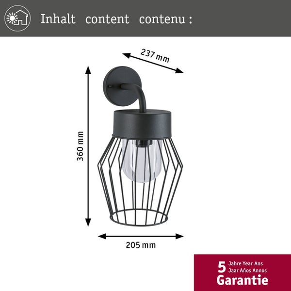 LED Spiegelleuchte mit Montagezubehör, Netzteil und Fernbedienung, inklusive Maßangaben und 5 Jahre Garantie Symbol.