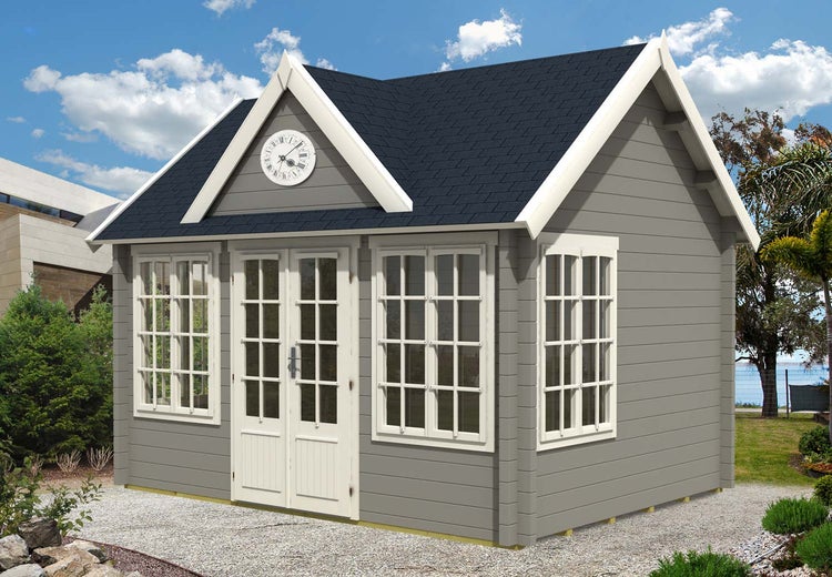 Alpholz Gartenhaus CLOCKHOUSE® 44 Royal ISO Gartenhaus aus Holz Holzhaus mit 44 mm Wandstärke Blockbohlenhaus imprägniert 4,2x3,2m