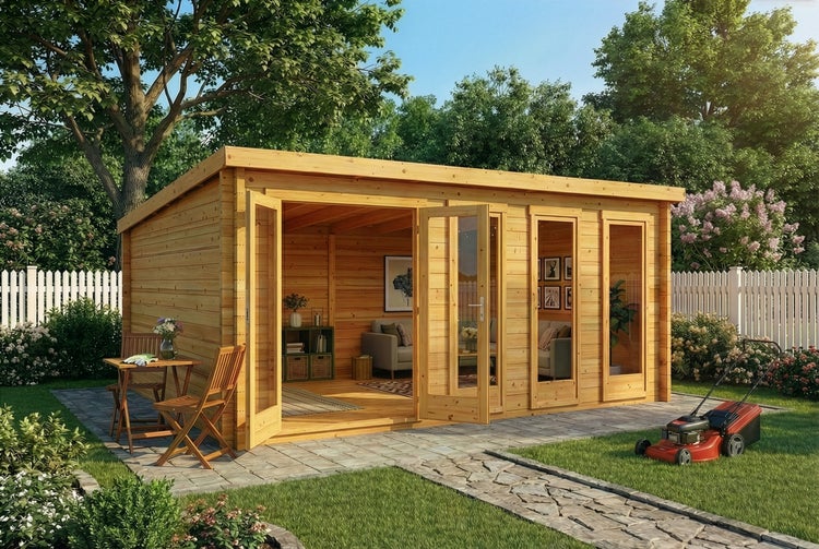 Gartenhaus aus Holz mit Pultdach, großen Glastüren und bodentiefen Fenstern auf einer Steinterrasse im Garten.