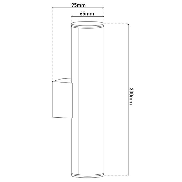 Technische Zeichnung einer Wandleuchte mit den Maßen 95 mm, 65 mm und 300 mm.