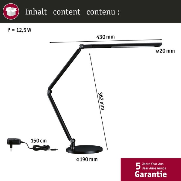 Technische Zeichnung einer LED Schreibtischleuchte mit Maßangaben und 5 Jahren Garantie.