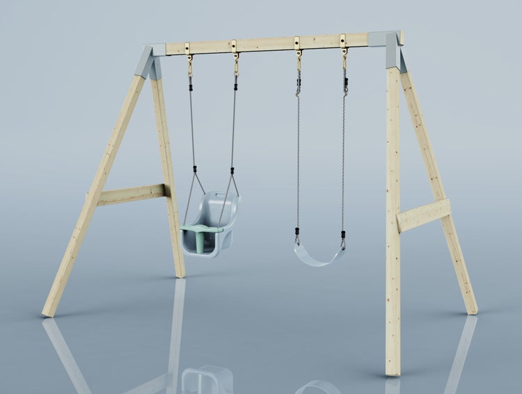 Schaukelgerüst aus Holz mit einem Sicherheitssitz für Kleinkinder und einem klassischen Schaukelsitz.