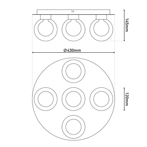 Technische Zeichnung einer Deckenleuchte mit fünf Leuchtmitteln und den Maßen 430 mm Durchmesser und 165 mm Höhe.
