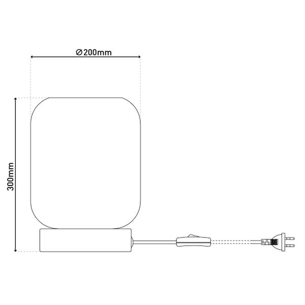 Technische Zeichnung einer Lampe mit den Maßen 200 mm Durchmesser und 300 mm Höhe