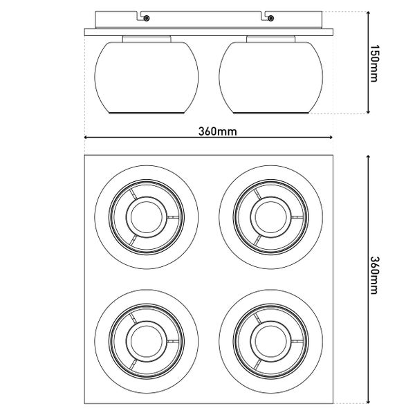 Technische Zeichnung einer Deckenleuchte mit den Maßen 360 mm x 360 mm und einer Höhe von 150 mm.