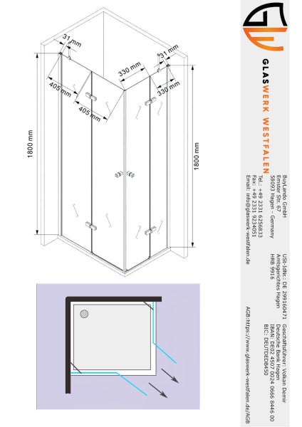 Technische Zeichnung einer Duschkabine mit Maßangaben