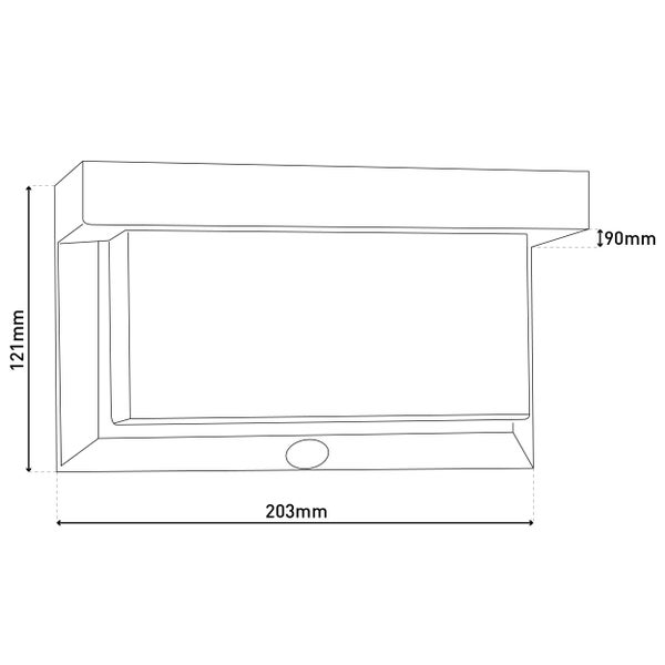 Technische Zeichnung einer 203 Millimeter breiten, 121 Millimeter hohen und 90 Millimeter tiefen Wandleuchte