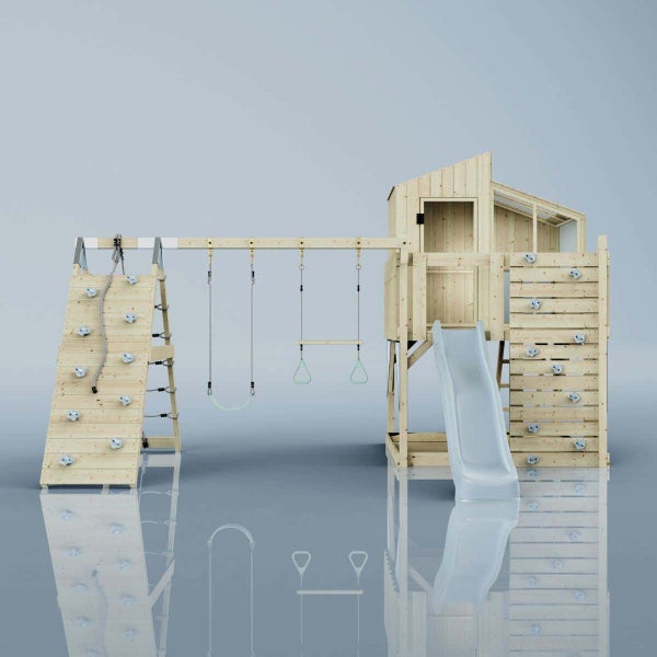 Spielturm aus Holz für Kinder mit Rutsche, Kletterleiter, Podesthaus und integriertem Sandkasten.