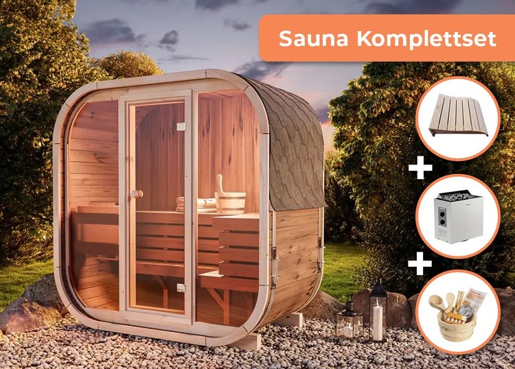 Outdoor-Fasssauna Komplettset mit Glasfront, Holzbänken, Saunaofen, Kopfstütze und Zubehörset.