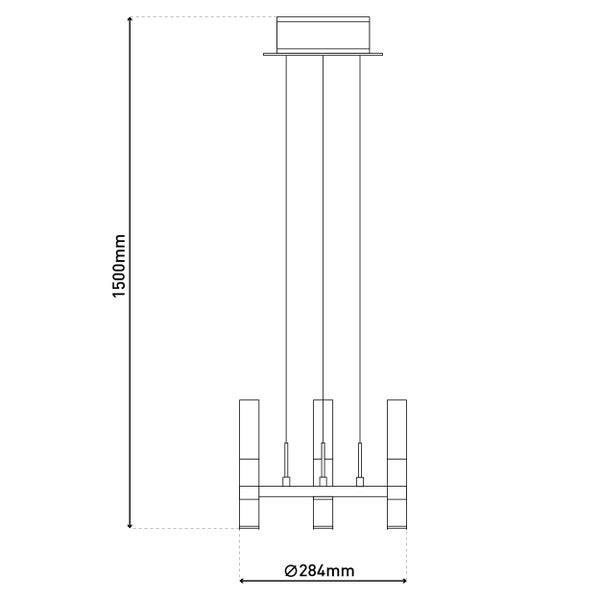 Technische Zeichnung einer Pendelleuchte mit den Maßen 1500 mm Höhe und 284 mm Durchmesser