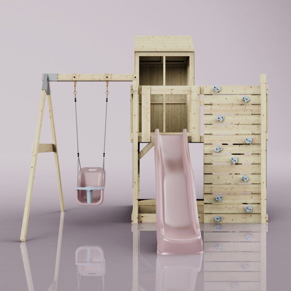 Spielturm aus Holz mit Rutsche, Babyschaukel und Kletterwand.