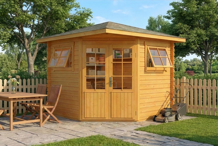 Fünfeckiges Gartenhaus aus Holz mit einer Doppeltür inklusive Fensterausschnitten und zwei Ausstellfenstern in einer Gartenumgebung.