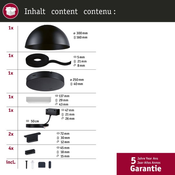 Lieferumfang der Leuchte mit Einzelteilen, Abmessungen und fünf Jahren Garantie.