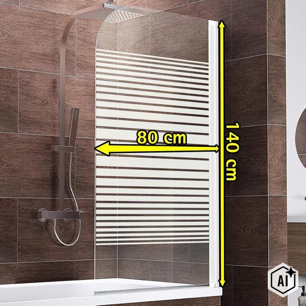 Duschwand für Badewanne mit Streifendekor, Maße 80 mal 140 Zentimeter, montiert an einer gefliesten Wand mit Duscharmatur.