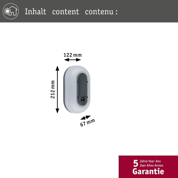 Ovale Außenleuchte mit Bewegungsmelder, Höhe 212 Millimeter, Breite 122 Millimeter, Tiefe 67 Millimeter. 5 Jahre Garantie.