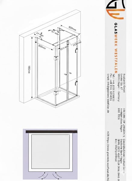 Technische Zeichnung einer Duschkabine mit Maßangaben