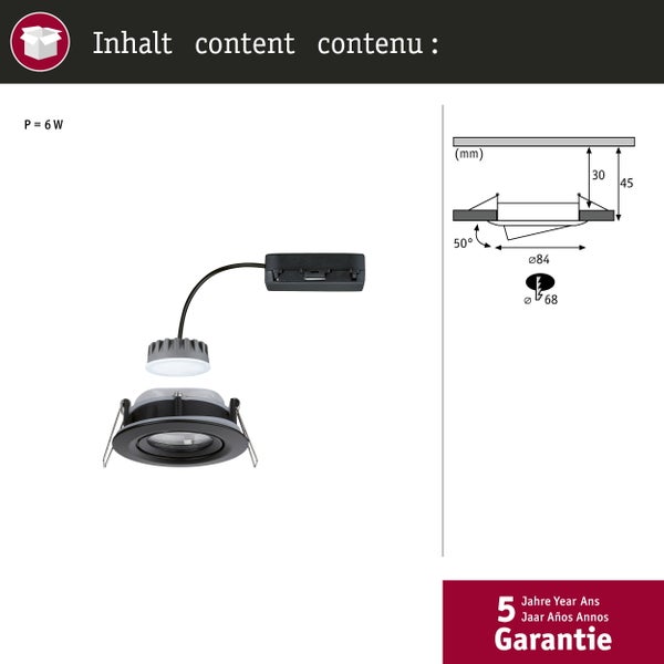 LED Einbaustrahler mit 6 Watt Leistung und technischen Maßangaben zur Montage sowie 5 Jahre Garantie.
