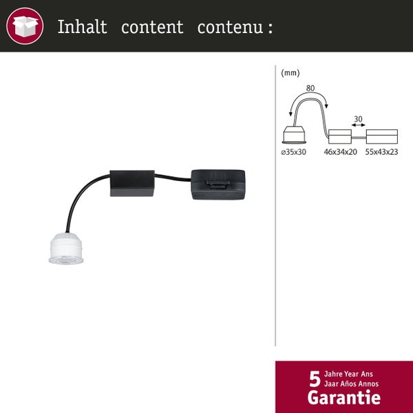 LED Einbaustrahler mit Kabel und Steuergerät inklusive Maßangaben und fünf Jahre Garantie.